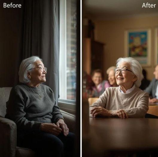 Elderly woman sitting alone by window, then smiling at a table with others.