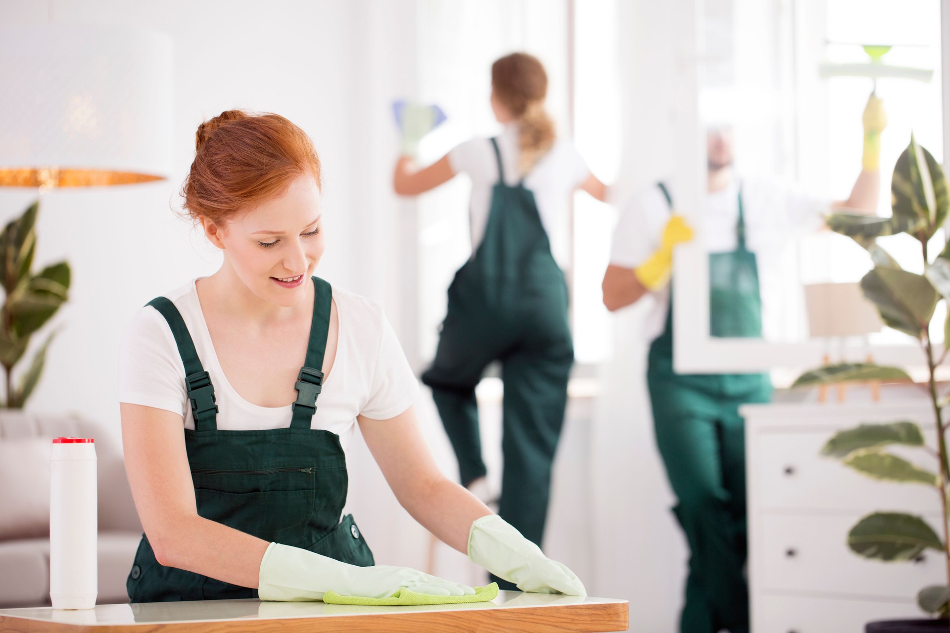 Smiling cleaning lady wiping table