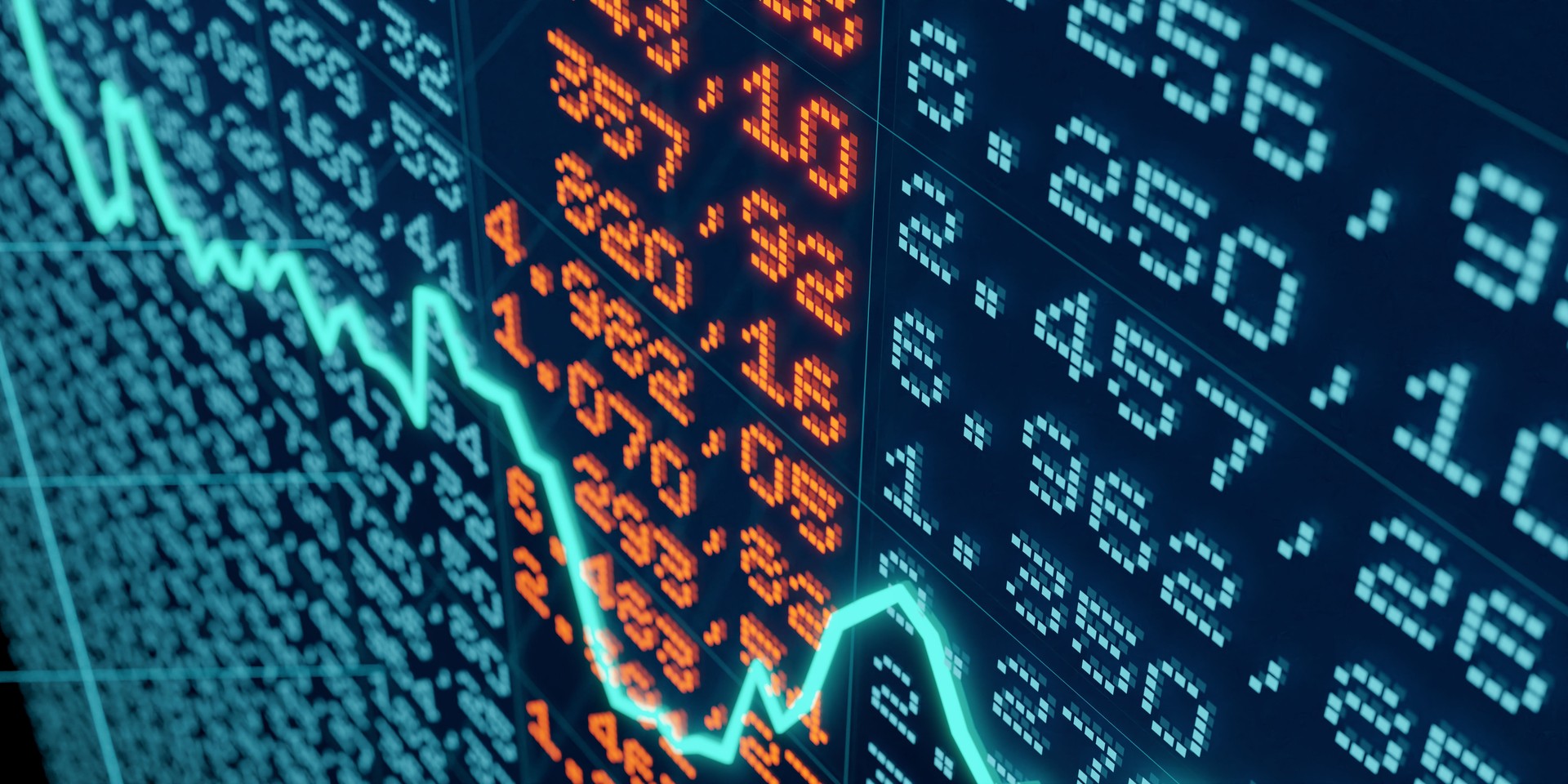Digital numbers, chart and financial figures on the screen.